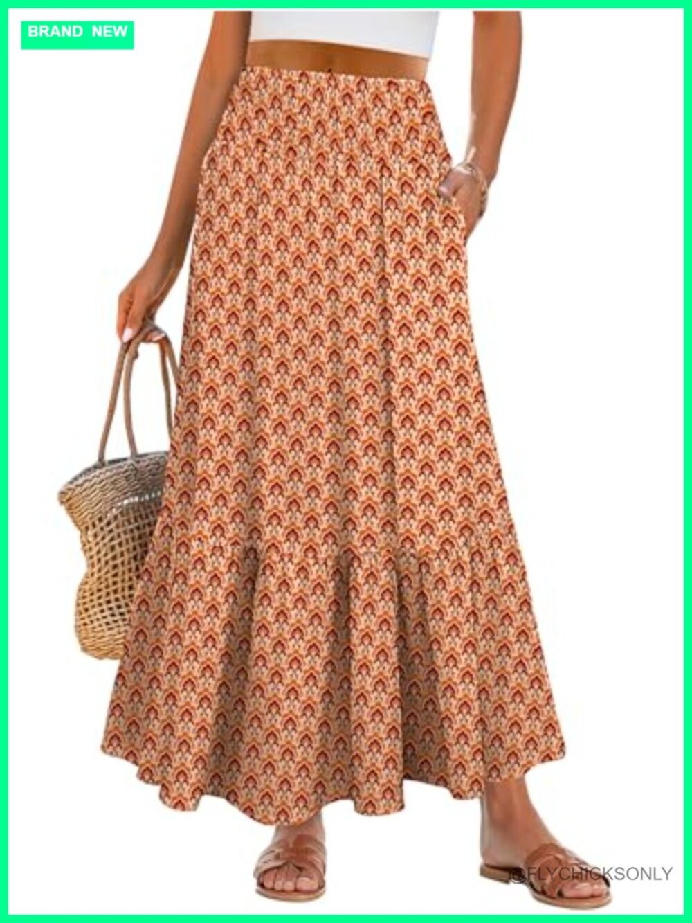 Women Boho Floral Maxi Skirt High Waisted Tiered Flowy Beach with Pockets